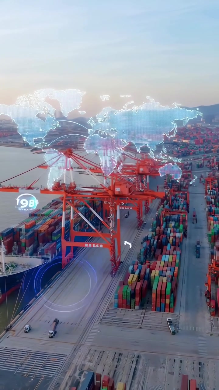 Aerial View of Container Port with Digital Global Logistics Data