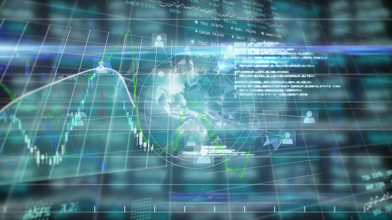 Animation of stock market display with globe spinning in the background. 