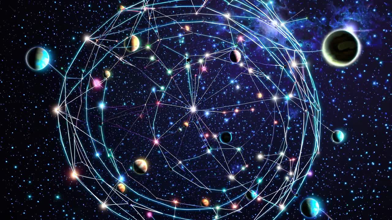 A cosmic network of glowing lines and planets in space, viewed from a wide-angle perspective