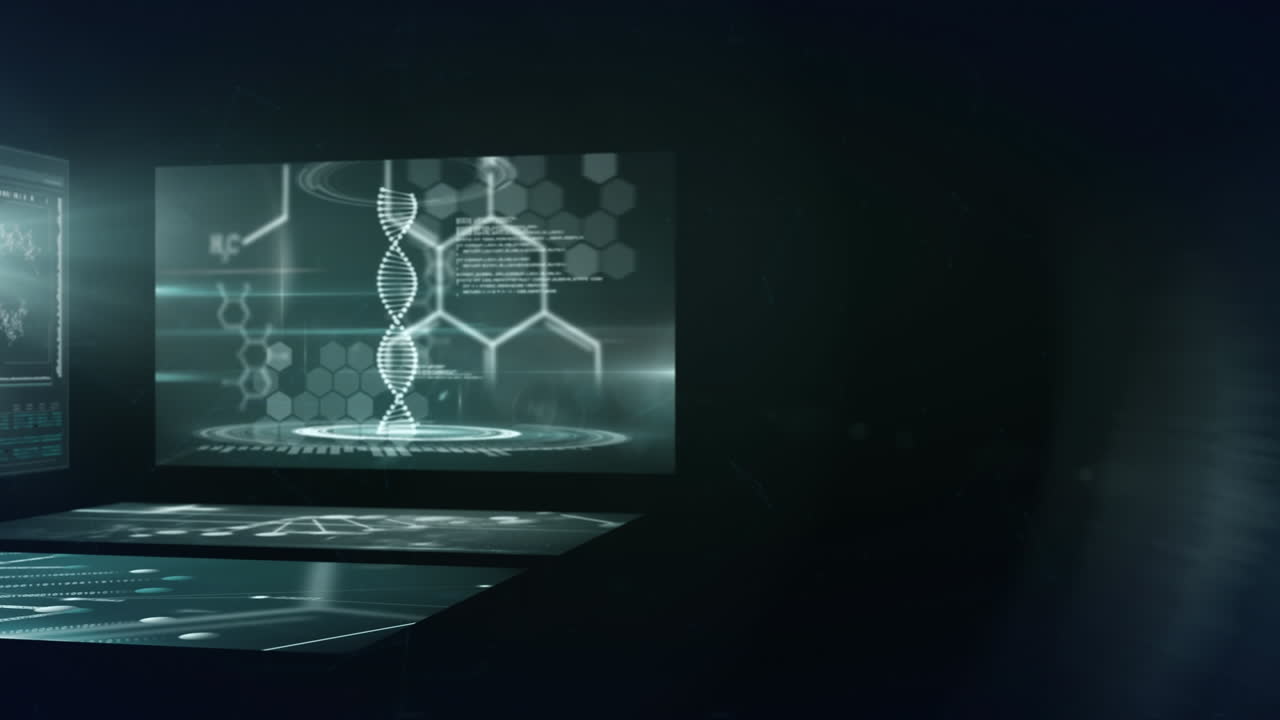 animación de la hélice de adn y la estructura de la molécula sobre puntos conectados contra un fondo negro