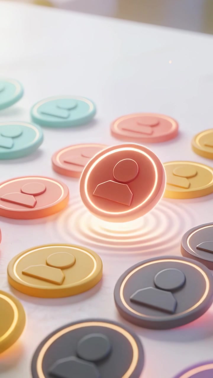 Vertical video: Pulsing peach token rising, rotating on white table, highlighting pastel tokens