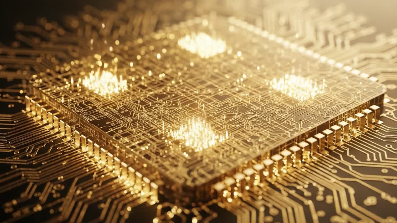 A Close-Up Exploration of an Intricate Gold Circuit Board: Unveiling the Complexities of Modern Technology through the Glimmering Surface of a Microprocessor