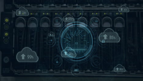 round scanner and cloud icons with increasing percentage against close up of a computer server