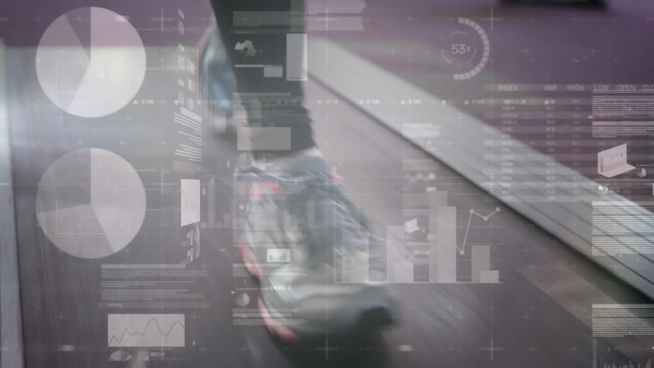 Animation of network of connections and data processing over woman exercising in gym