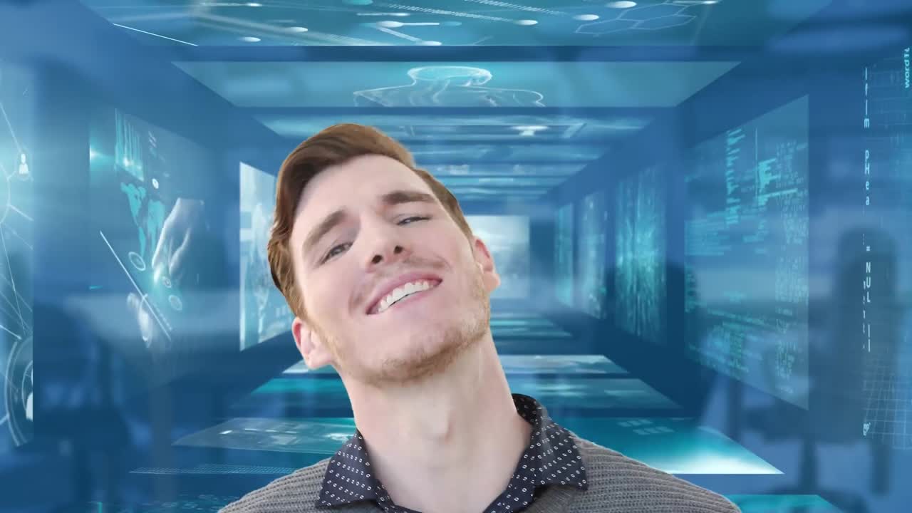 animación de un hombre de negocios sonriente y procesamiento de datos sobre una oficina vacía