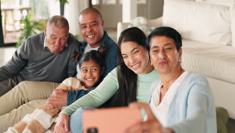 big family, funny and selfie in home living room