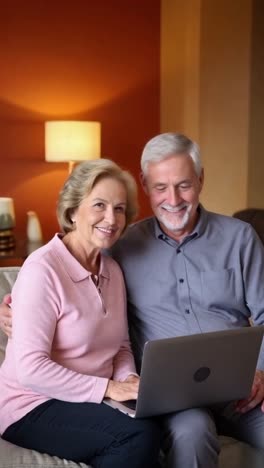 retired smiling couple sitting together on a couch using a laptop.