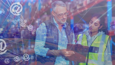 composición de almacén de hombre y mujer en almacén combinado con imagen de la ciudad, animación y
