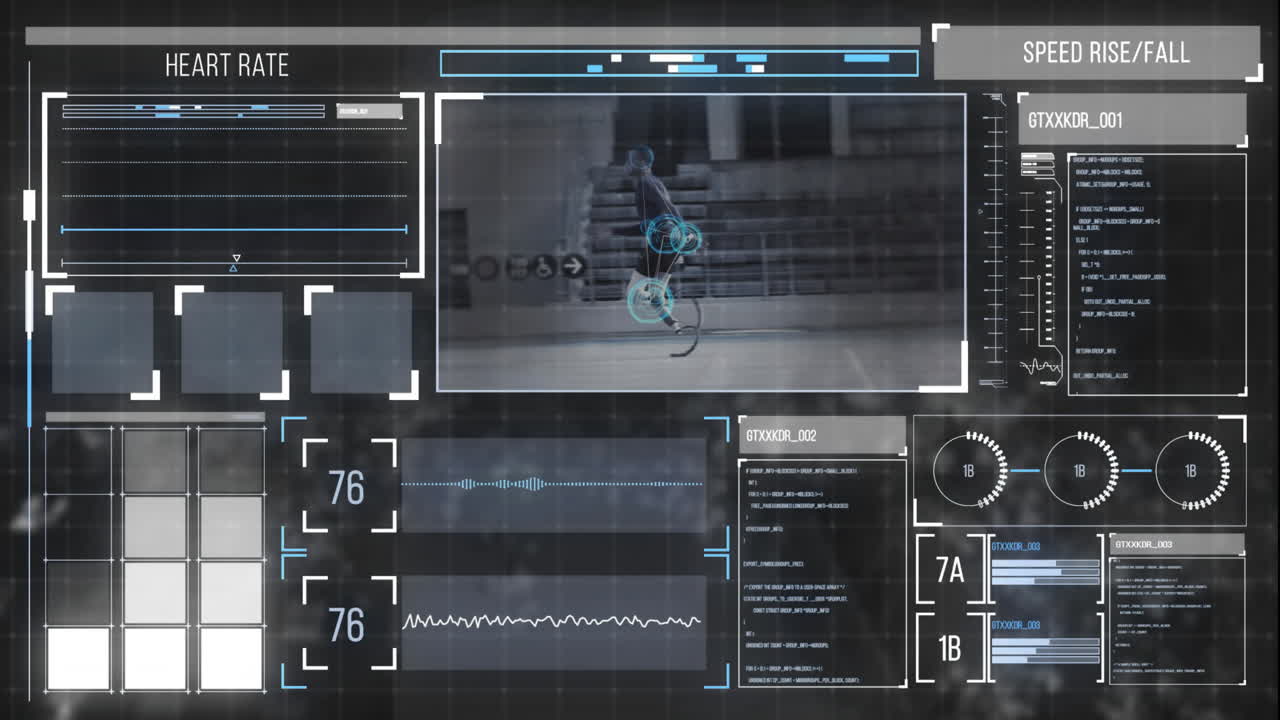 Athlete running with biometric data and performance metrics animation over video