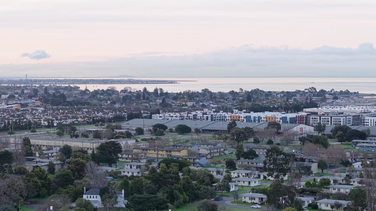 The drone captures a sweeping view of Alameda Point, where the island’s western edge meets the expanse of the bay. Shot on a DJI Air 3S.