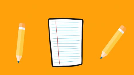 animation of notebook and pencils school icons on orange background