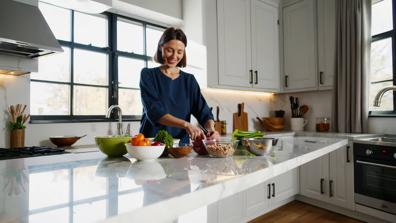 Donna che prepara un pasto sano con ingredienti freschi in una cucina moderna