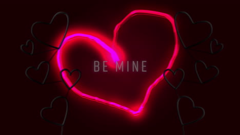 be mine written in white and glowing pink heart with red and pink neon hearts on black background