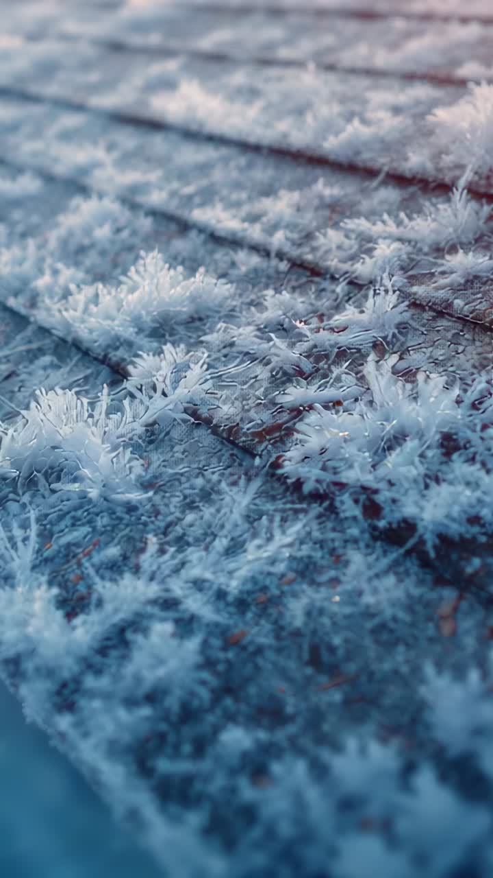 Vertical video: Pushing camera revealing hoar frost on planks at dawn, highlighting needle crystals