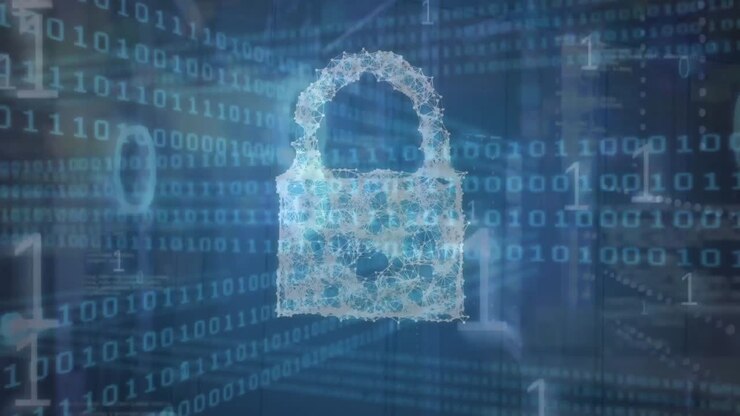 Animazione di un'icona di lucchetto di sicurezza ed elaborazione dati di codice binario su sfondo blu.