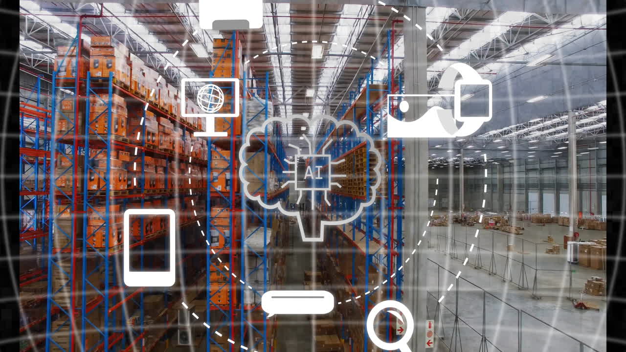 선반과 상자를 가진 창고 위의 뇌 애니메이션