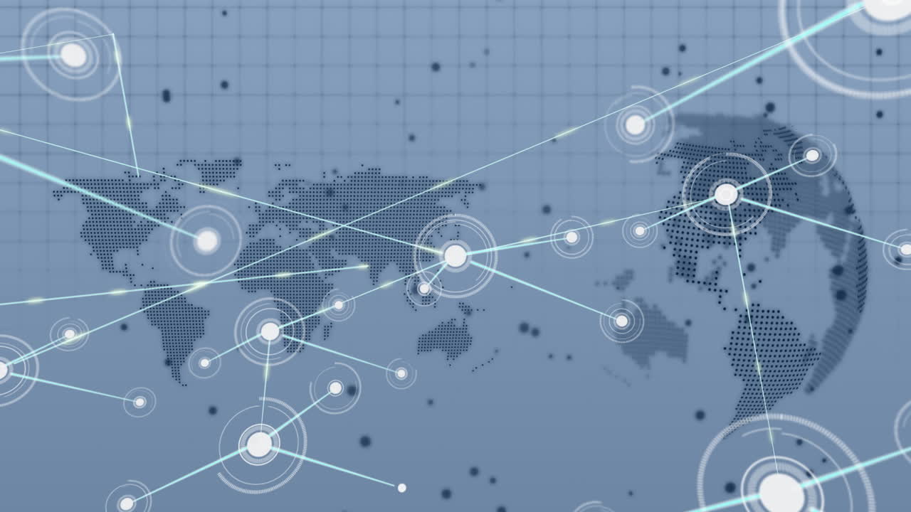 Network of connections and data processing animation over world map background