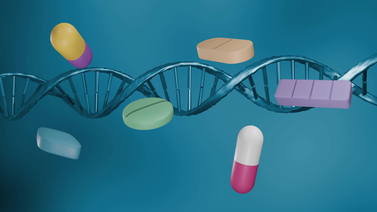 dna 줄을 가로질러 움직이는 알약의 애니메이션