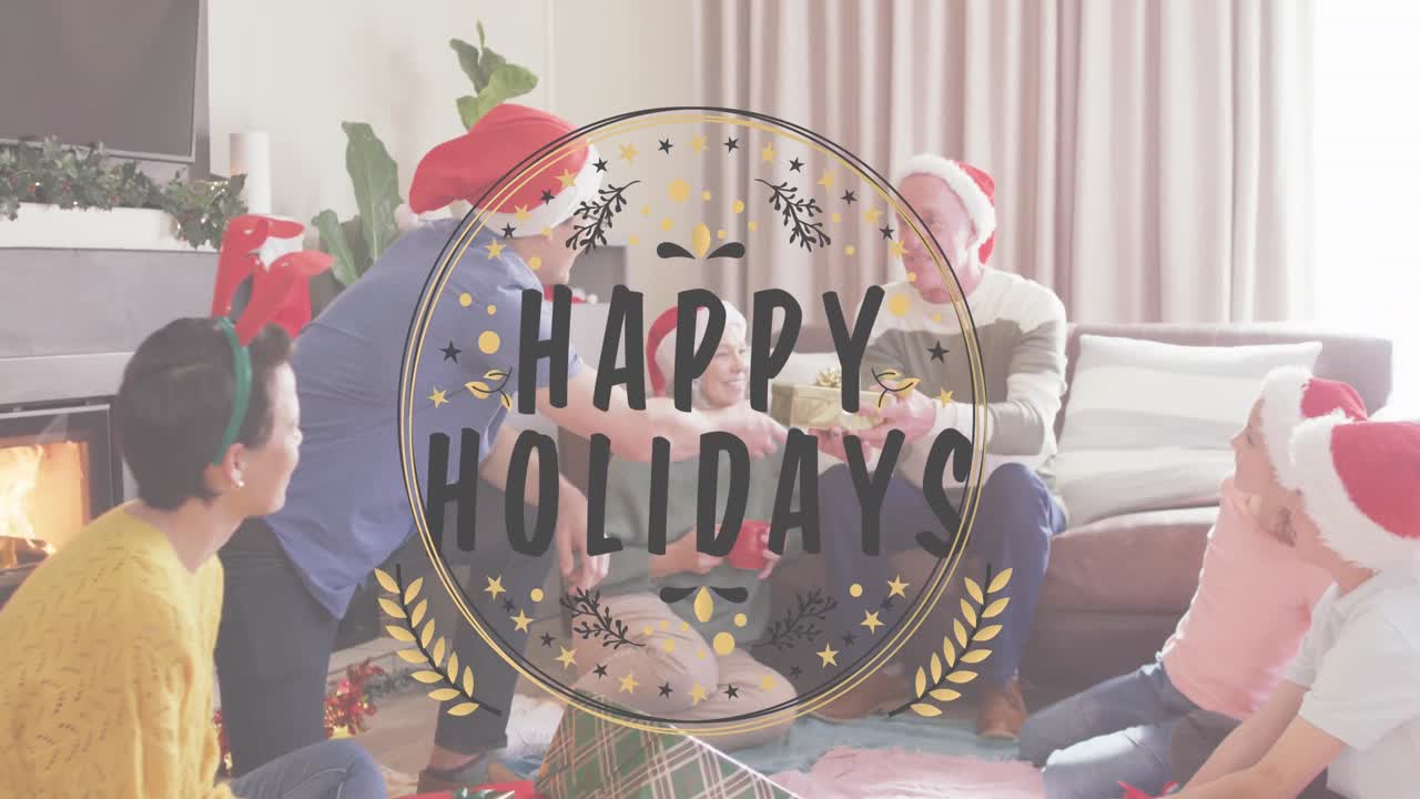 Noel'de Noel baba şapkalı Kafkas ailenin üzerinde Noel tebrik yazısı animasyonu.