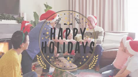 animation of christmas greetings text over caucasian family in santa hats at christmas