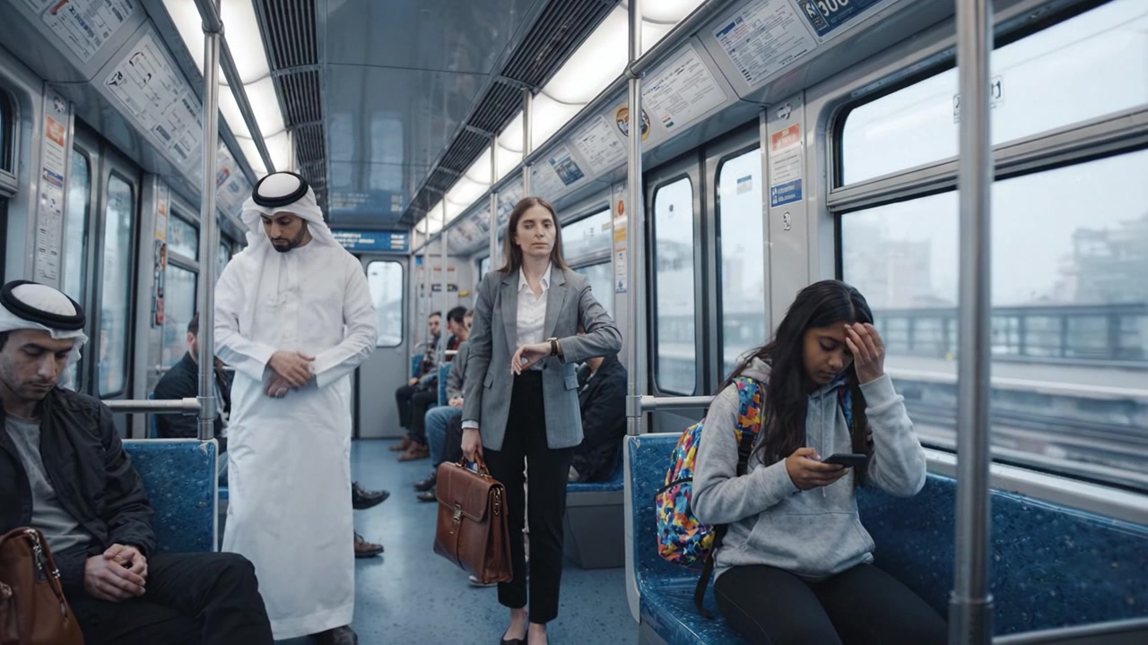 A Diverse Group of Passengers in a Metro Train Representing Modern Urban Life and Daily Commuting Experiences in an Urban Transportation Environment