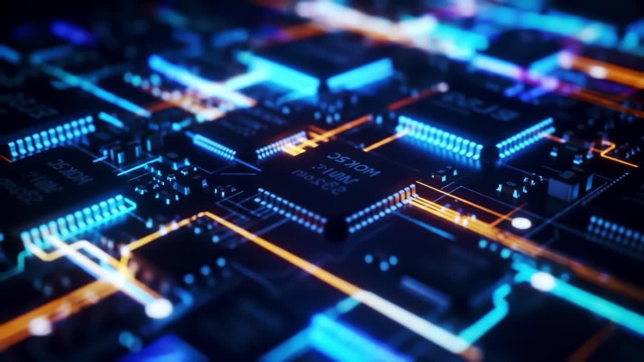 Intricate Circuit Board Design with Vibrant LED Highlights Showcasing Advanced Technology and Microchip Layout in a High-Definition Close-Up