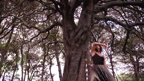 Schöne-Frau,-Die-Anmutig-Unter-Dem-Riesigen-Baum-Im-Kiefernwald-In-Australien-Tanzt---Low-Angle-Shot