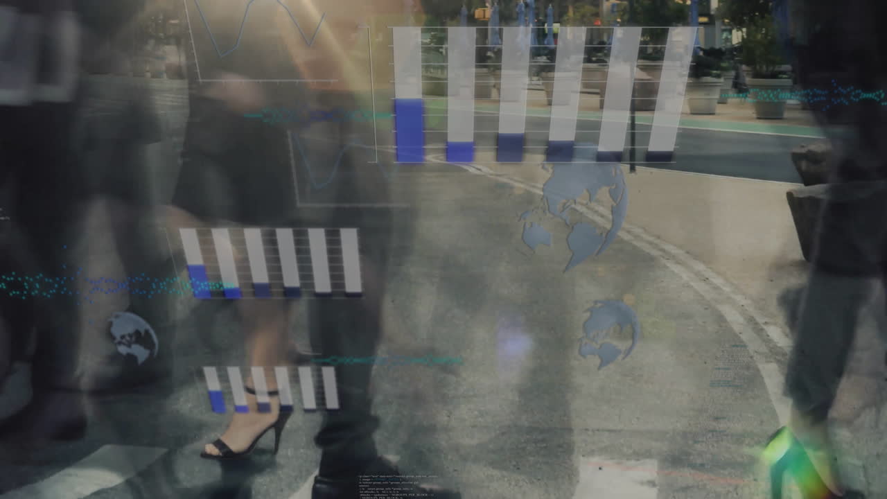 Graphs and world icons animation over people walking on city street