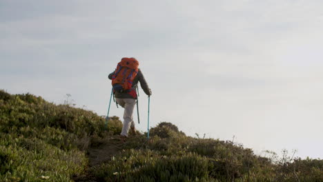 woman climbing with trekking poles, then standing on top of the mountain to admire the landscape