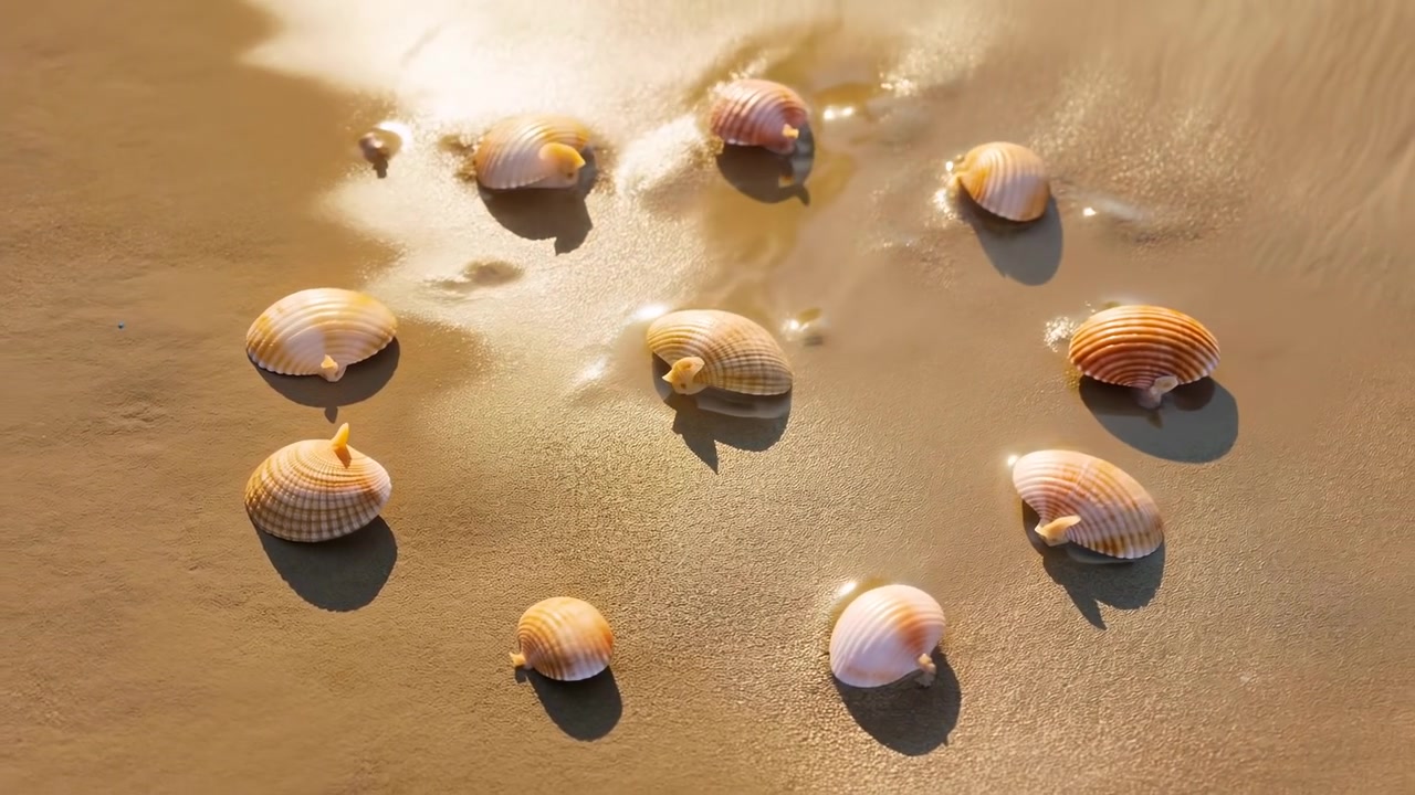 Pequeñas conchas de bivalvos descansan sobre arena húmeda de la orilla junto a charcos poco profundos, con suaves reflejos, sutiles ondulaciones y luz solar cálida creando una textura costera tranquila, un contraste suave y un ambiente natural sereno.