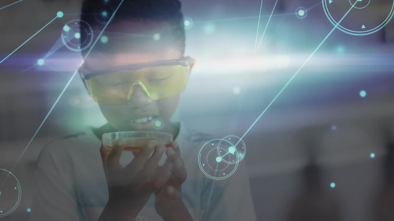 Digital network graphics fading in guiding boy sniffing and sipping transparent bowl for STEM