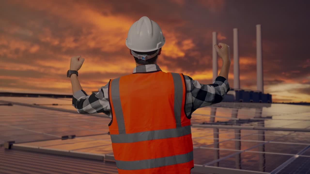 Back View Of A Male Engineer With Safety Helmet Raising His Hands Celebrating While Working, Inspecting Solar Panels on Rooftop at Sunset