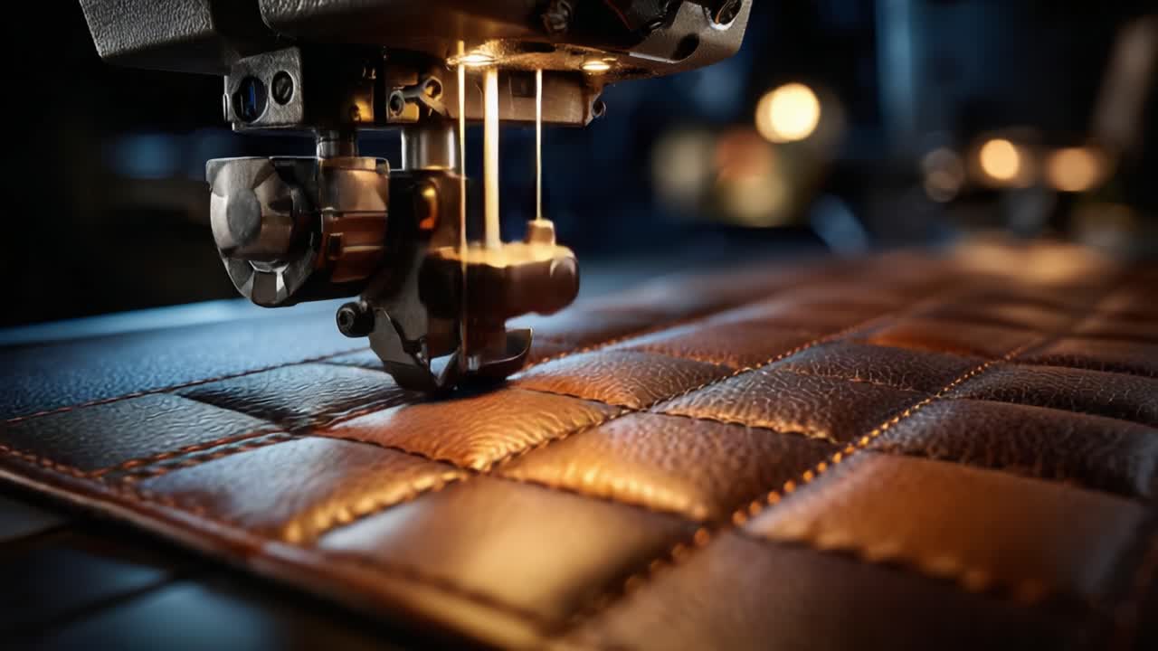 A Close-Up View of a Precision Sewing Machine Creating Intricate Patterns on Luxurious Leather Material in a Craftsmanship Setting