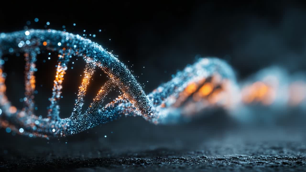 Explorando a Estrutura Intrincada do DNA: Uma Visualização Deslumbrante da Dupla Hélice com Partículas Brilhantes, Apresentando a Essência da Informação Genética e Biologia Molecular