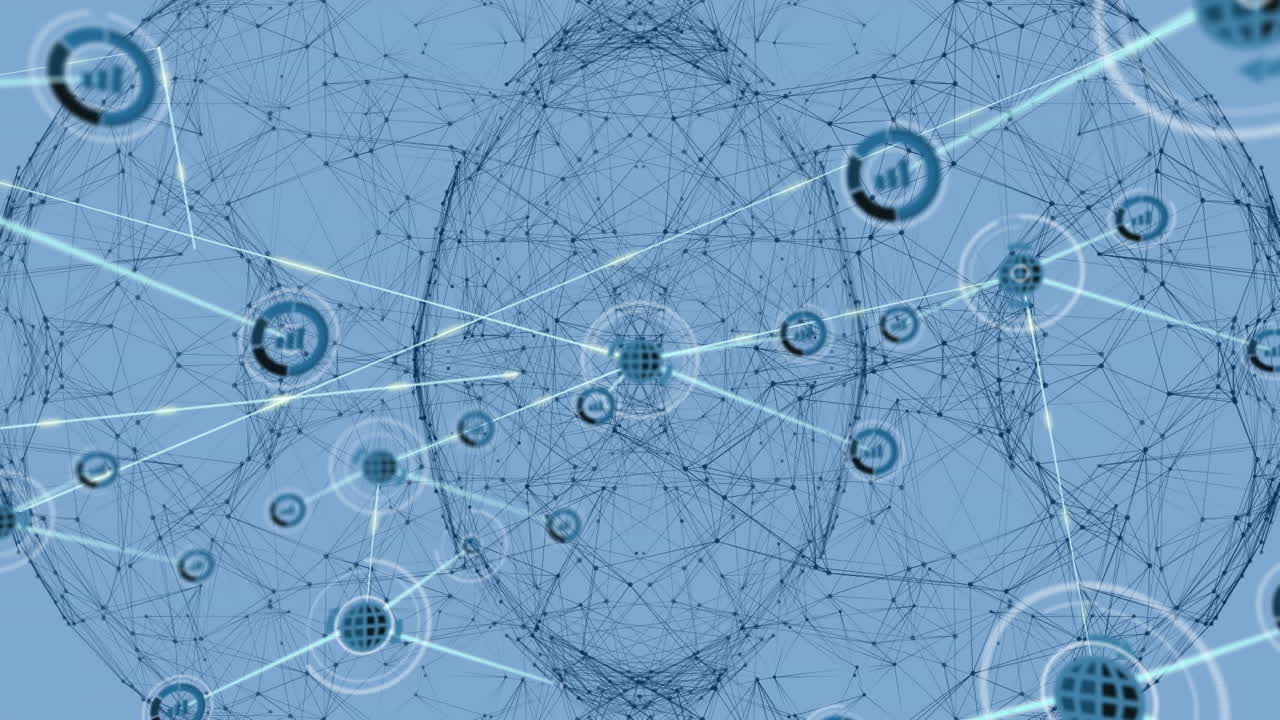 ⁇ 색 배경의 모양 위에 아이콘을 가진 연결 네트워크의 애니메이션