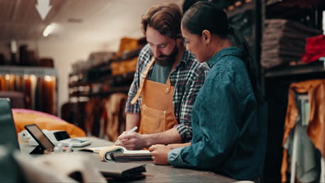 man, woman and textile with discussion