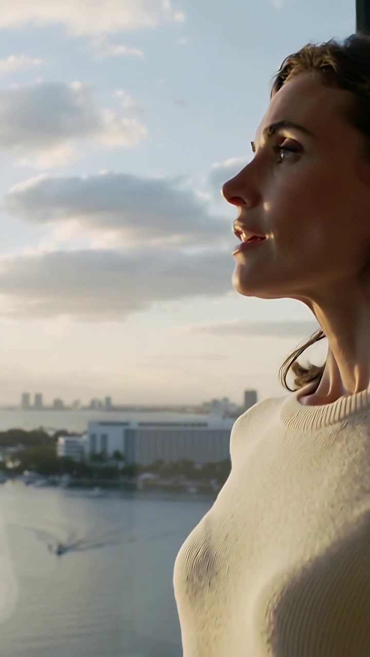 Vertical video: Gazing woman finding calm fiddling at window cream knit as boat passing, copy space