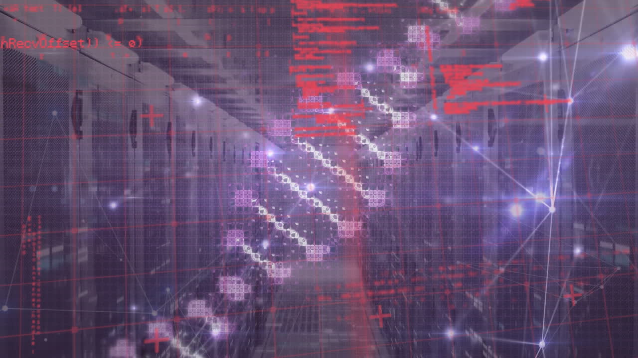 animación de la cadena de adn y procesamiento de datos con red de conexiones a través de la sala de servidores.