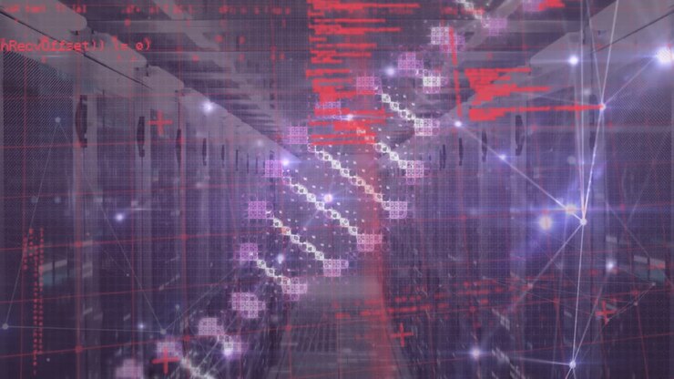 Animation of dna strand and data processing with network of connections over server room