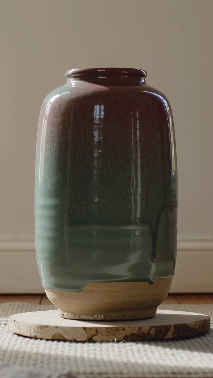 Video verticale: mostra un vaso smaltato che gocciola dopo l'applicazione dello smalto su una lastra di legno, riflesso della finestra