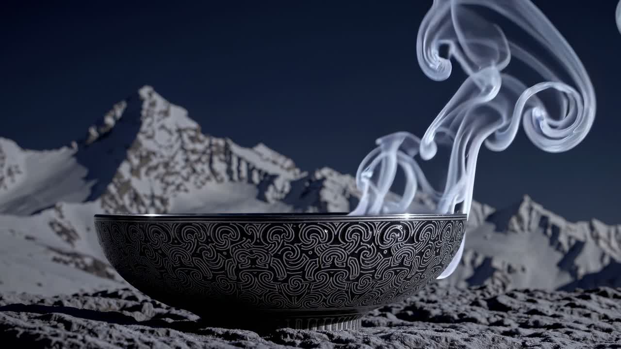 Aerial view of an ornate bowl emitting swirling smoke against a snowy mountain backdrop