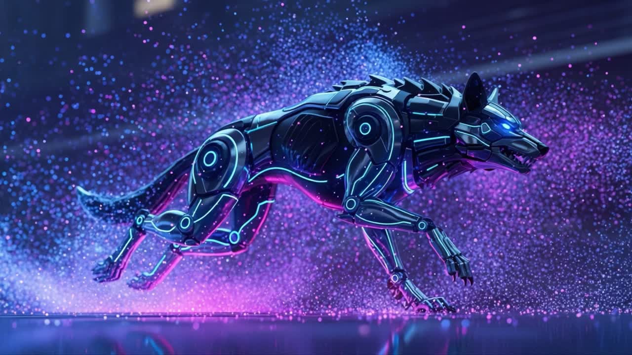 A Futuristic Cybernetic Wolf in Motion Surrounded by Neon Particles Glows Vividly as It Charges Forward, Showcasing Advanced Technology and Artistic Innovation