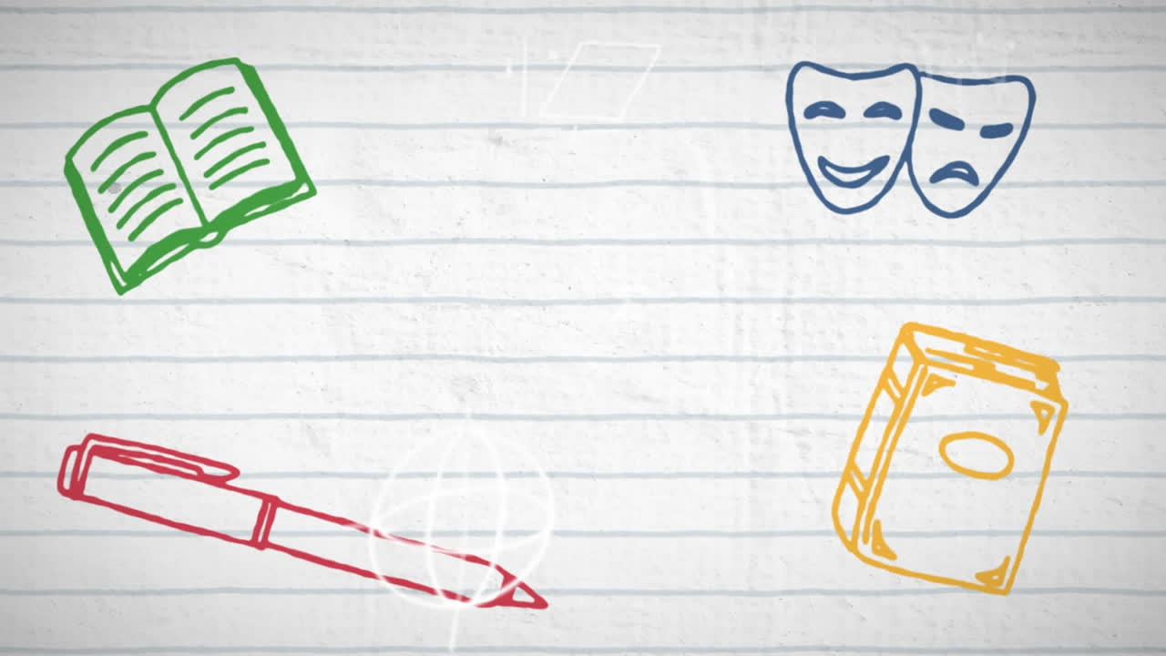 학교 개념 아이콘의 디지털 애니메이션은  ⁇  줄로 된 종이에 수학적 기호를 대비합니다.