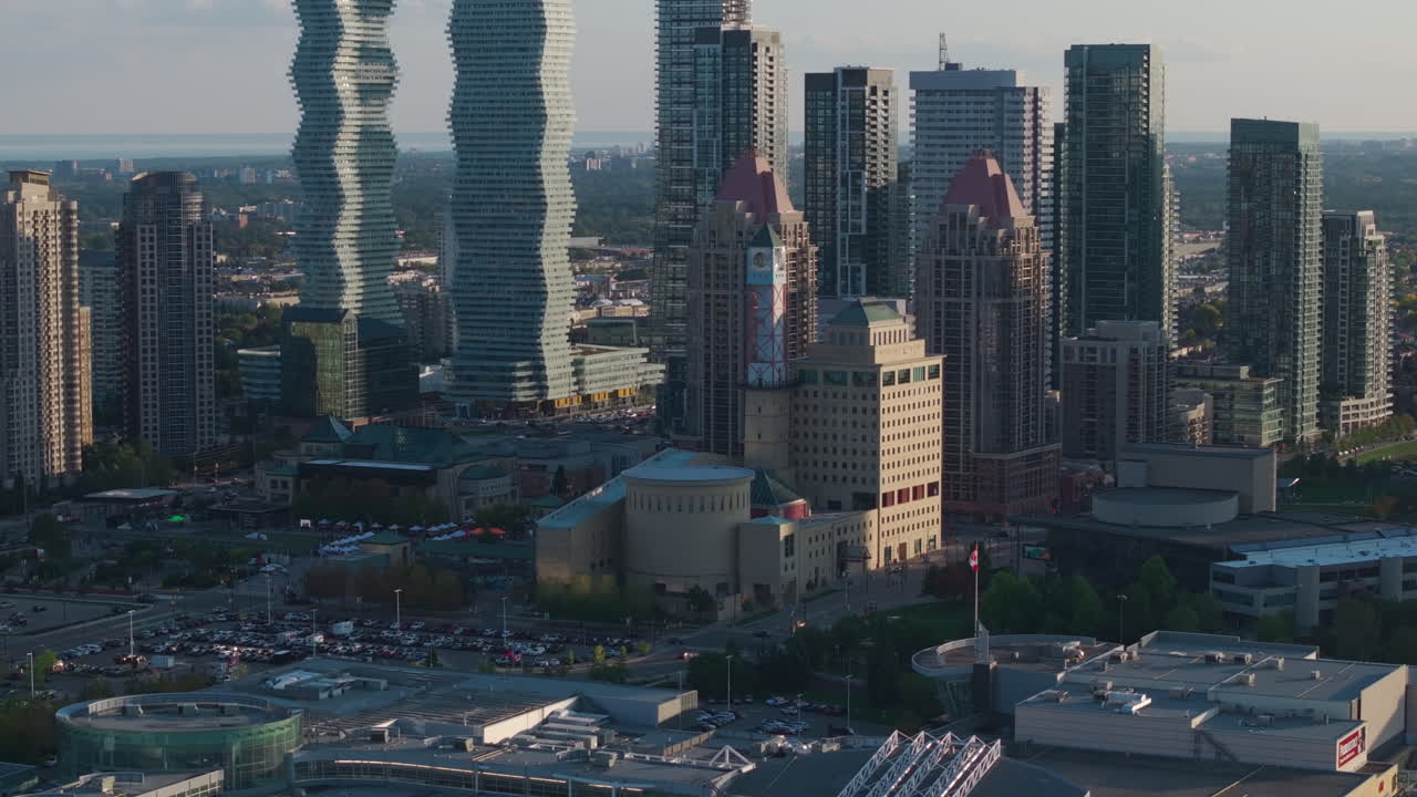 Mississauga skyline with City Hall and modern architecture at sunset