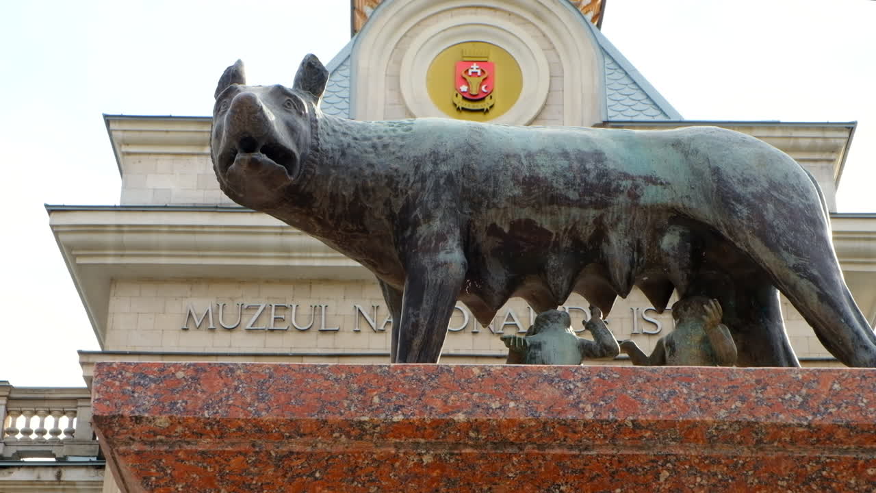 Chisinau, Moldova -April 17, 2021: Capitoline Wolf monument in front of the National History Museum of Moldova in the city centre