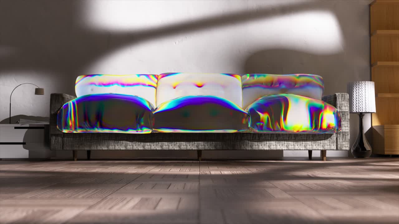 현대적인 거실에서 추상적인 이리데센트 소파