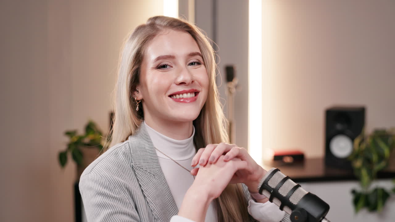 Portrait of a blonde woman recording a podcast in a studio