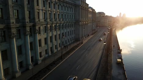 moscow cityscape at sunrise/sunset with river fog