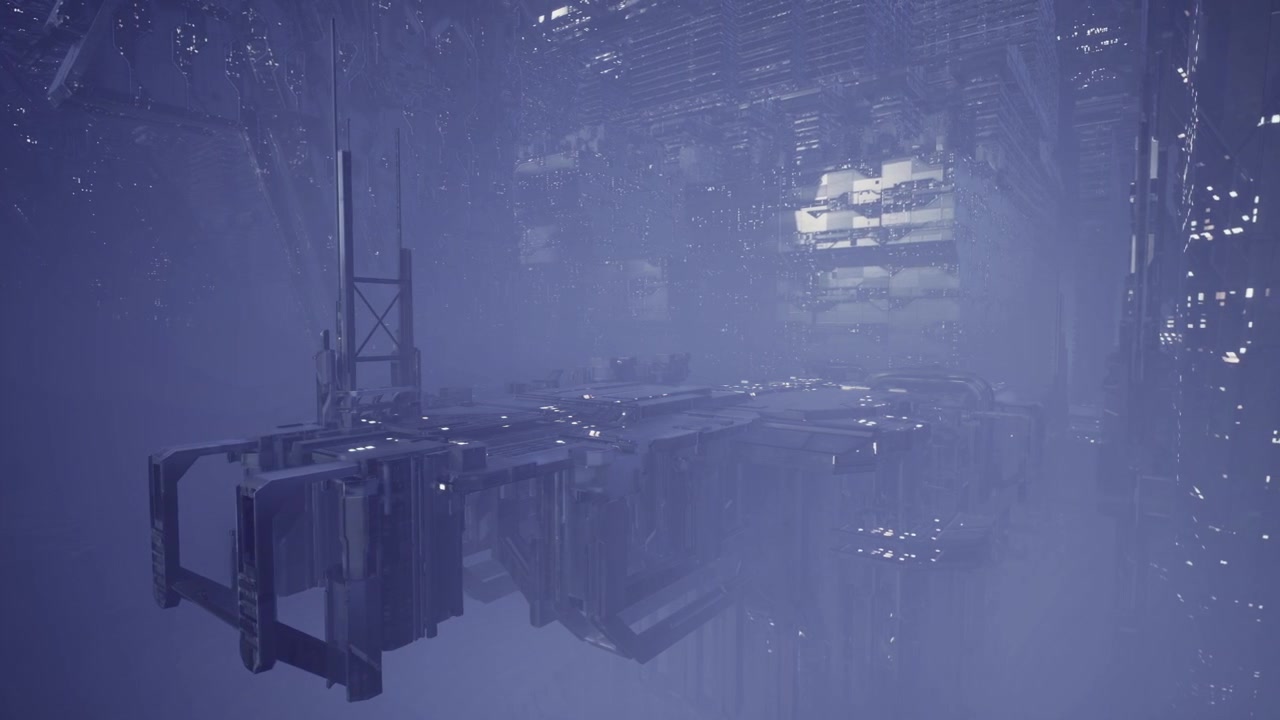 Mysterious manufacturing complex veiled in evening mist and shadows