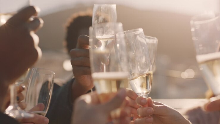 primo piano felice gruppo di amici che fanno brindisi bevendo champagne celebrando la festa sul tetto godendosi diverse celebrazioni di riunione durante l'incontro sociale del fine settimana al tramonto